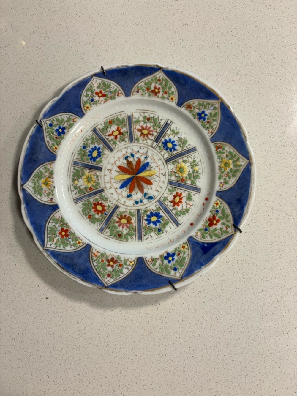 Hand-Painted Floral Decorative Plate in Blue and Multicolor
